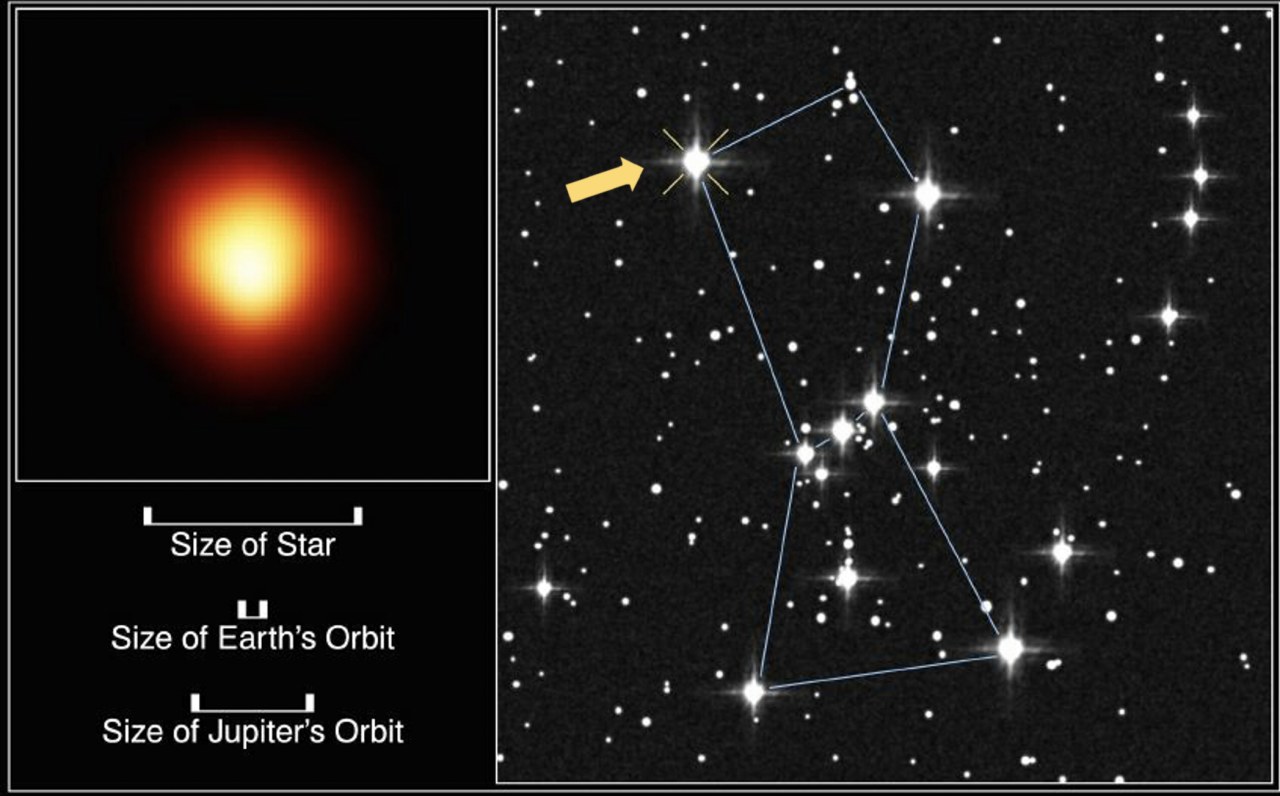 A composite Hubble graphic showing Betelgeuse as a glowing orange-red stellar disk, scale bars comparing its enormous size with the orbits of Earth and Jupiter, and a star map identifying Betelgeuse in the constellation Orion.