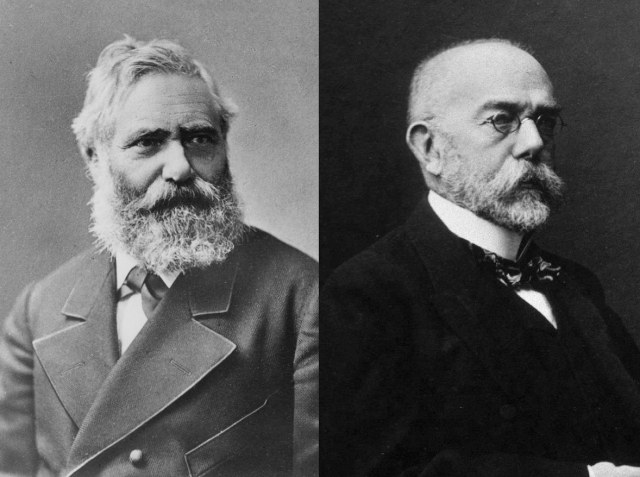 Side-by-side historical portraits of Max von Pettenkofer and Robert Koch, the two scientists associated with a major nineteenth-century dispute over cholera transmission.