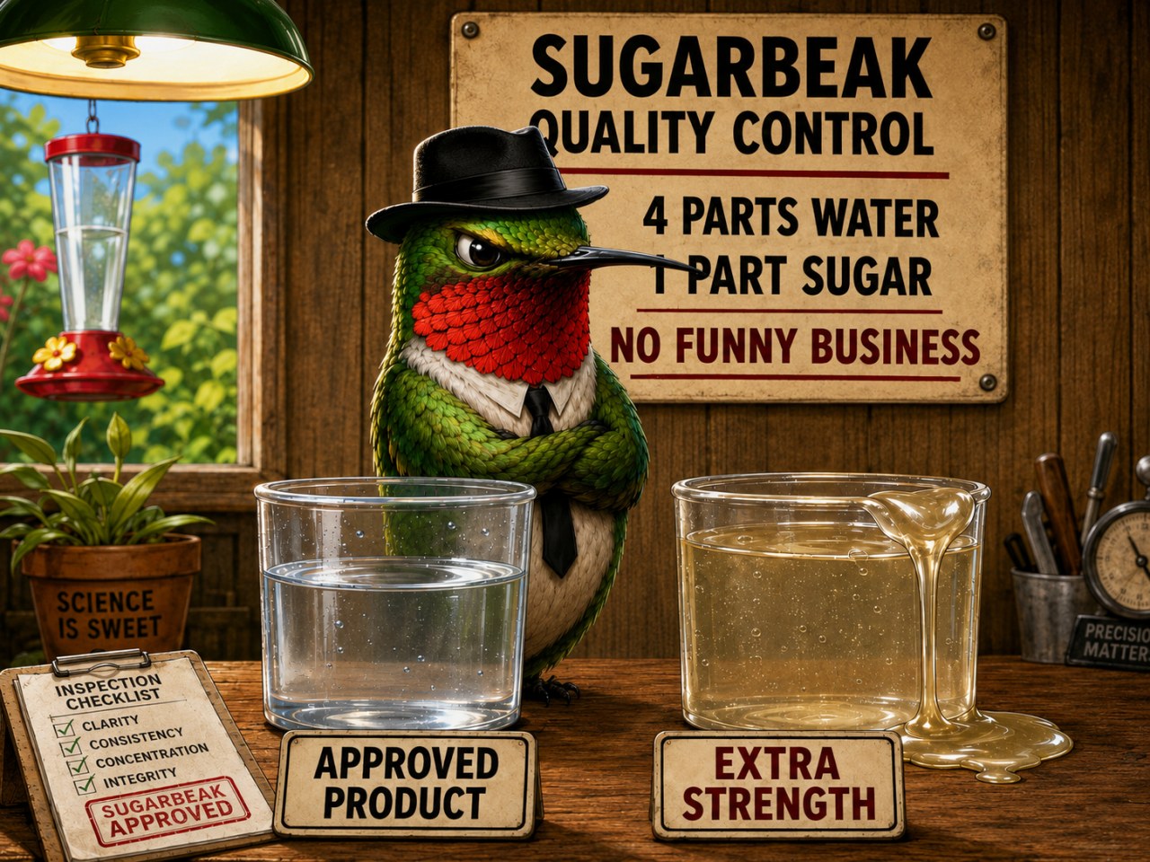 Stylized humorous illustration of Vinnie Sugarbeak, a ruby-throated hummingbird in a black fedora and black tie, standing at an inspection table between two nectar samples labeled “APPROVED PRODUCT” and “EXTRA STRENGTH,” with a “Sugarbeak Quality Control” sign behind him.