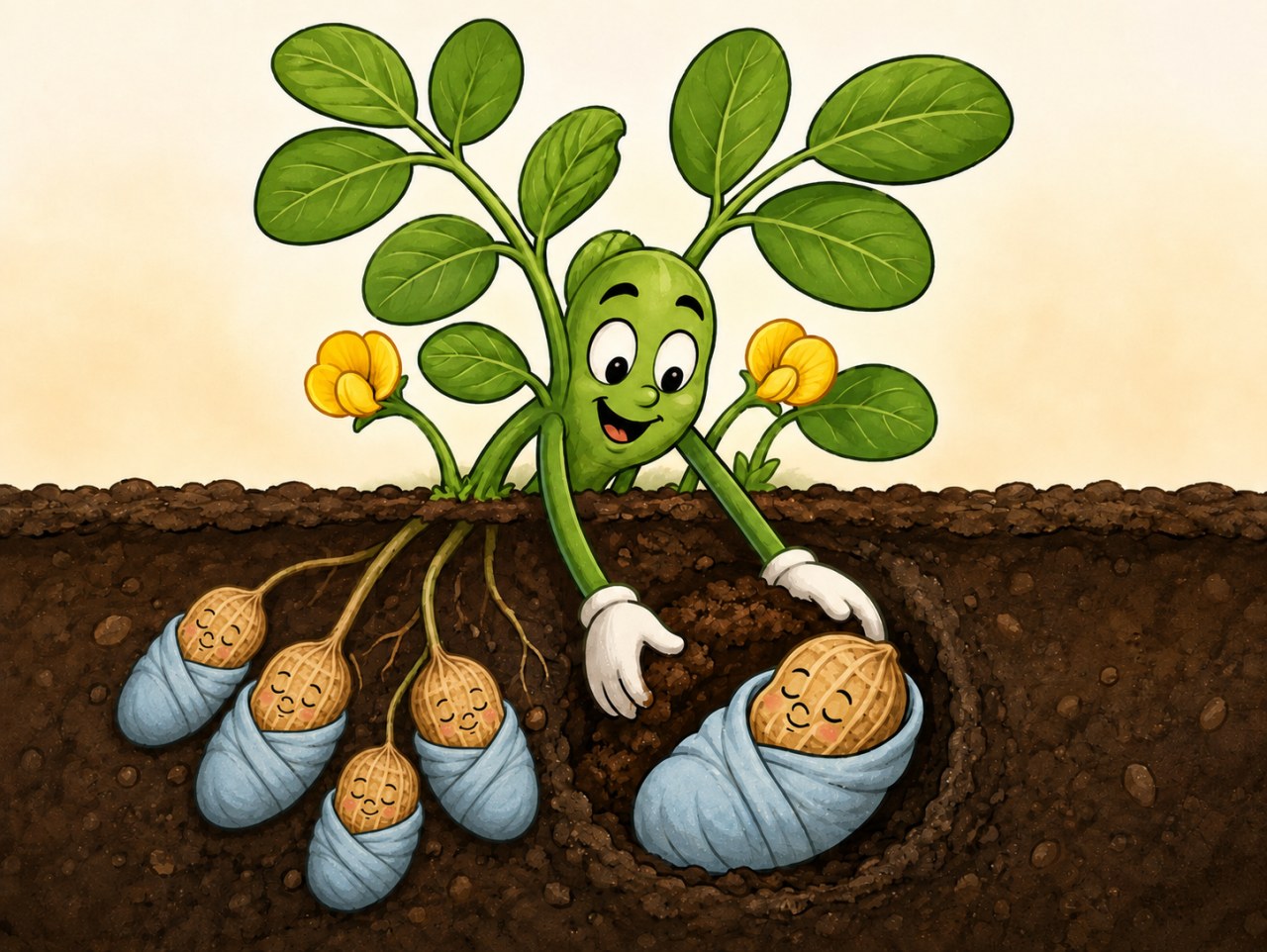 Cartoon illustration of an anthropomorphic peanut plant smiling as it buries swaddled baby peanuts underground, while additional swaddled peanut “babies” hang below the soil from the plant.