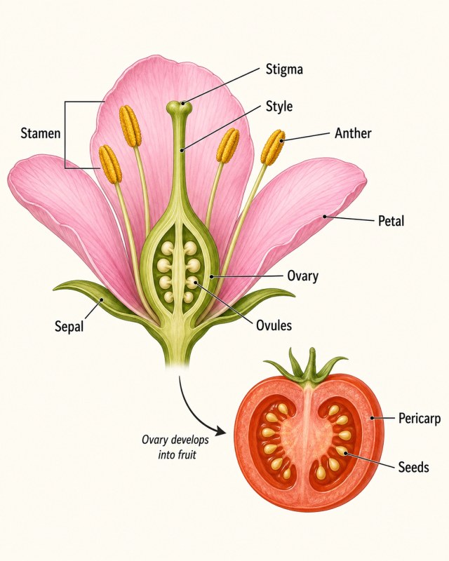 Labeled diagram of a flower cross-section showing the stamen, anther, stigma, style, ovary, ovules, petal, and sepal, alongside a cut-open tomato labeled pericarp and seeds, with an arrow indicating that the ovary develops into fruit.