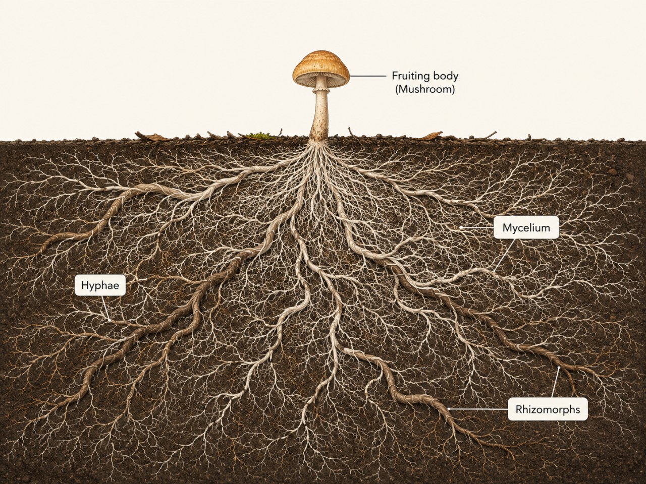 Labeled cutaway diagram showing a small mushroom fruiting body above ground and a much larger underground network of hyphae, mycelium, and thick rhizomorphs spreading through the soil.