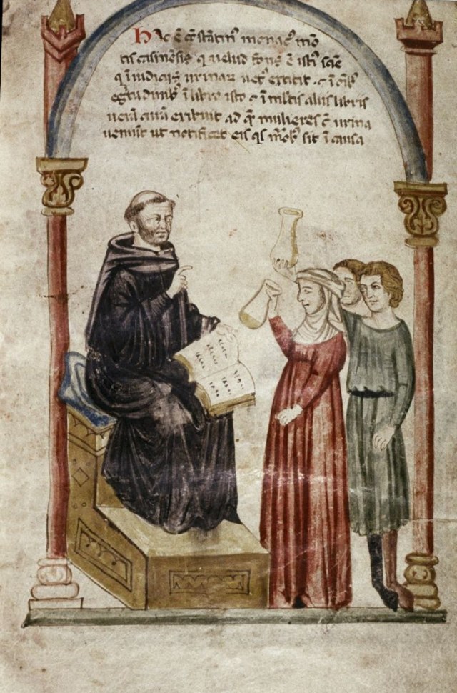 Medieval illustration showing Constantine the African seated while two people present him with a flask of urine for examination.