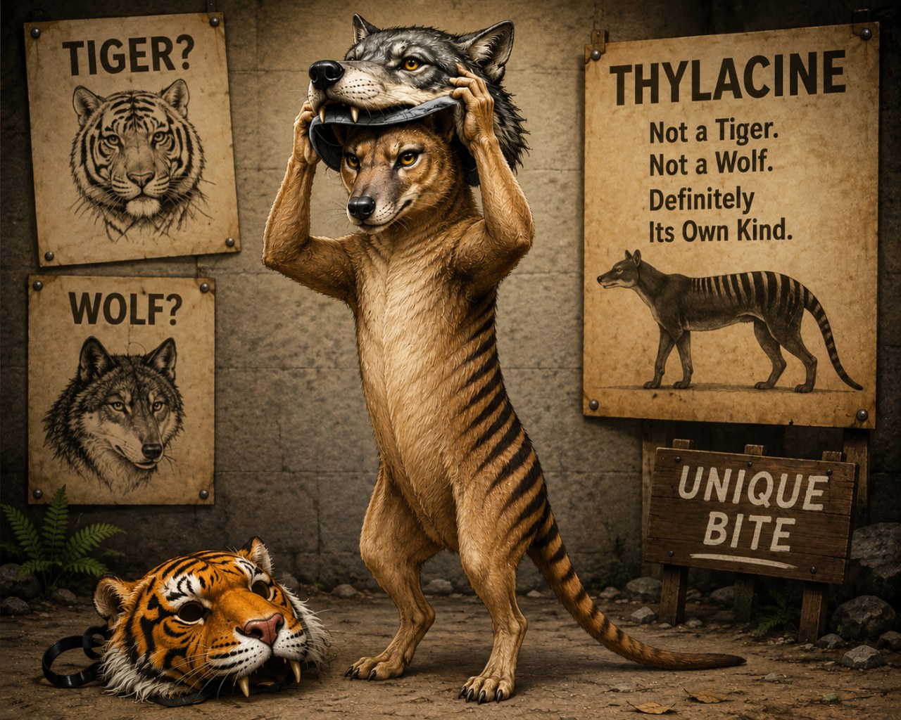 Cartoon thylacine standing upright and removing a wolf mask while a discarded tiger mask lies at its feet. Vintage posters behind it question whether it is a tiger or wolf, while another identifies it as a thylacine and a wooden sign reads “Unique Bite.”