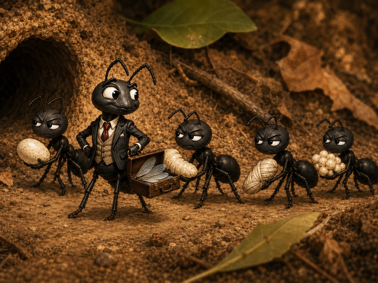 Fred the Ant marches confidently beside female worker ants carrying eggs, larvae, and pupae during a colony relocation, while holding an open suitcase containing his wings.
