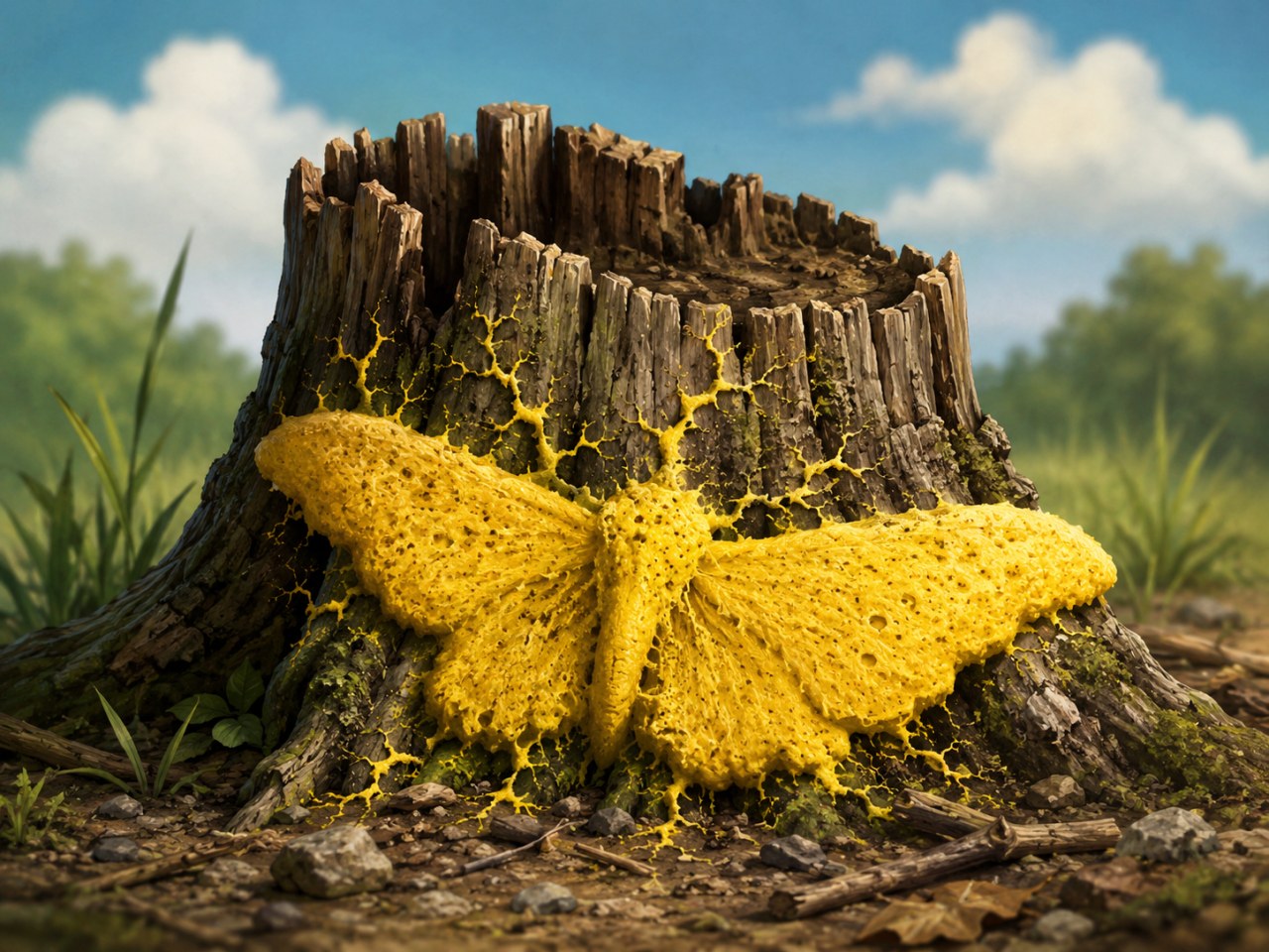 Cartoon-style illustration of a dead tree stump with a large bright yellow slime mold shaped like a giant moth attached to the front, creating the illusion of a huge yellow moth on the stump.