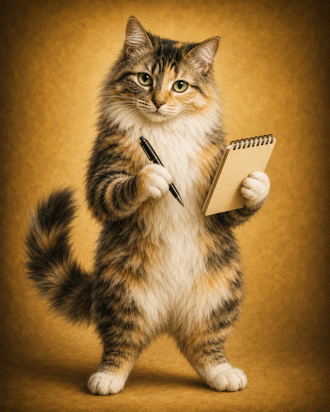 Illustrated portrait of Millie, a fluffy calico cat standing upright with a pen and notepad as Science Scandal’s rogue correspondent.