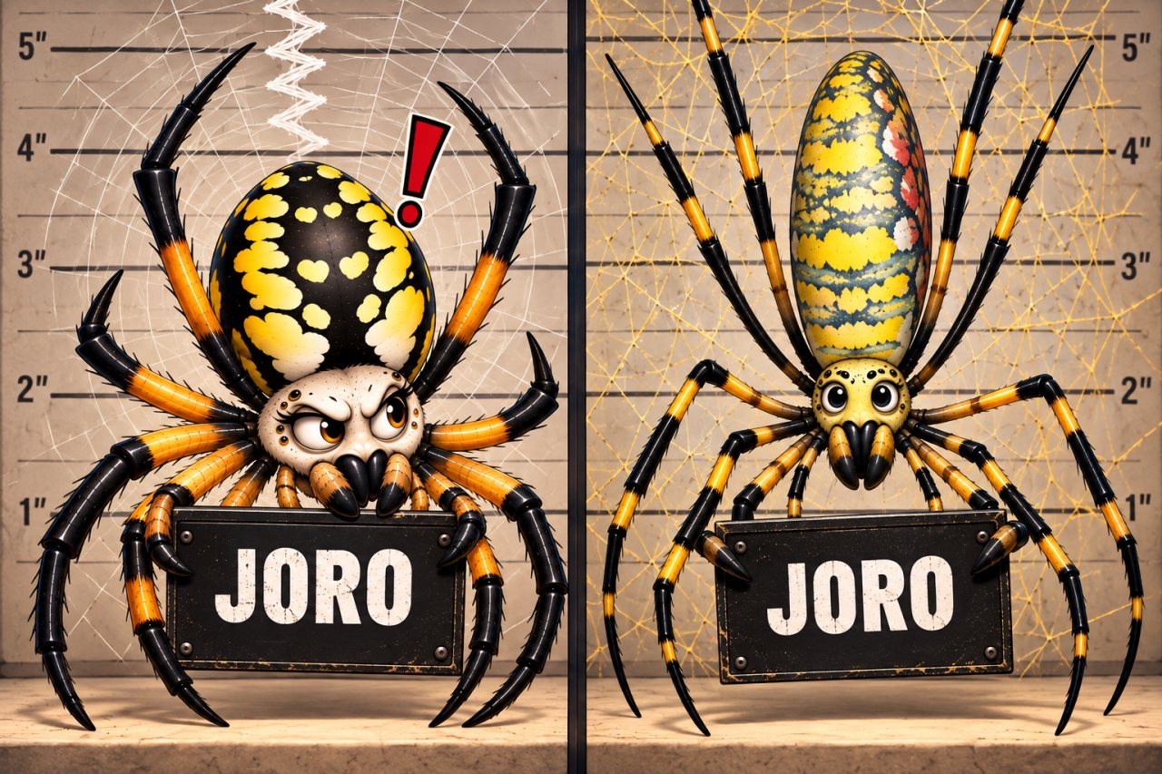 Humorous side-by-side mugshot-style illustration showing Sylvie the yellow garden spider and a Joro spider, both holding placards labeled “JORO.” Sylvie appears visibly angry beneath a red exclamation mark, with her bold black-and-yellow abdomen and white zigzag stabilimentum visible behind her. The Joro spider appears more elongated and long-legged in front of a larger golden web.
