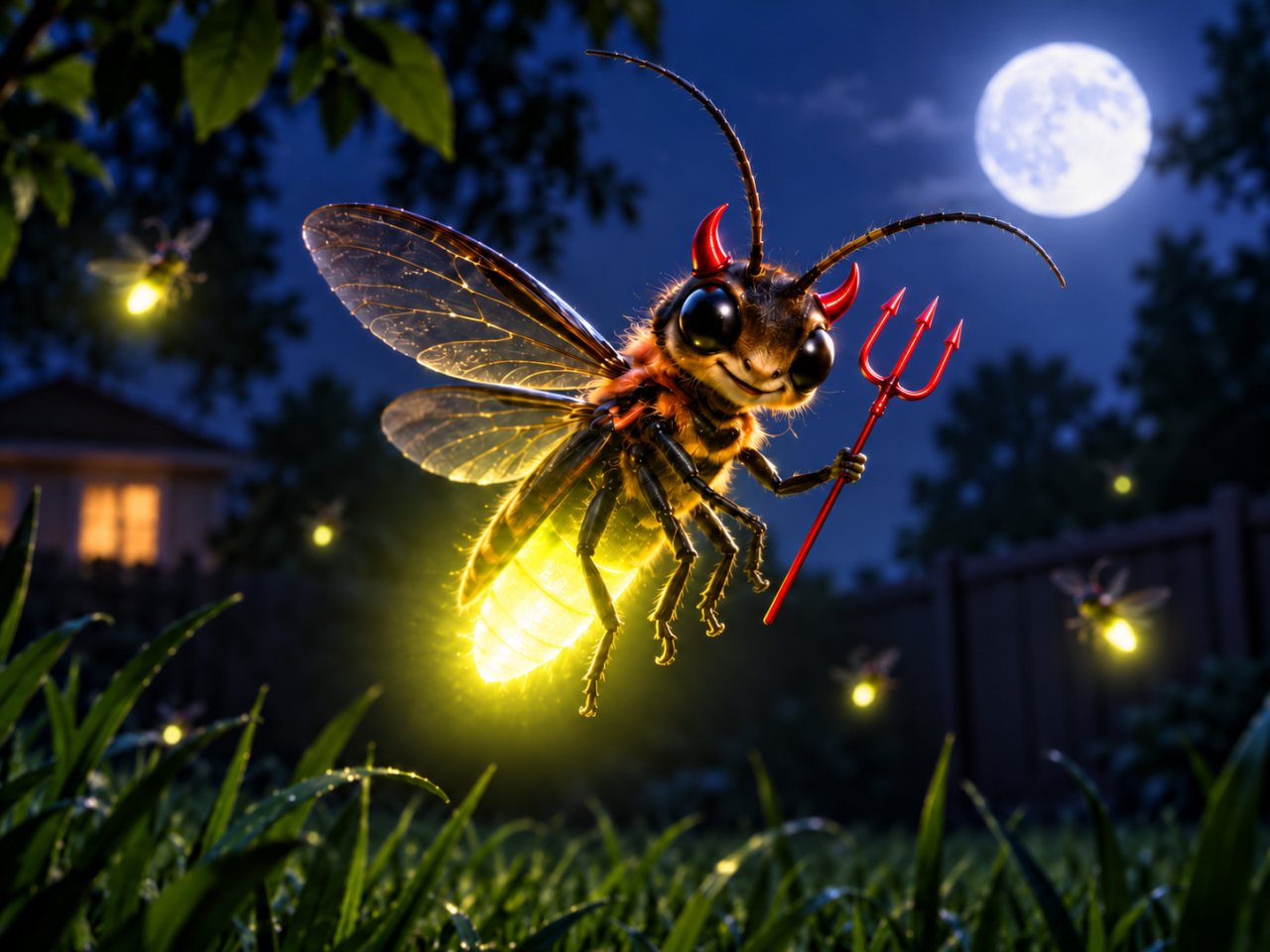 A glowing firefly hovers over a moonlit backyard wearing tiny red devil horns and holding a red pitchfork, while several smaller fireflies glow in the background.