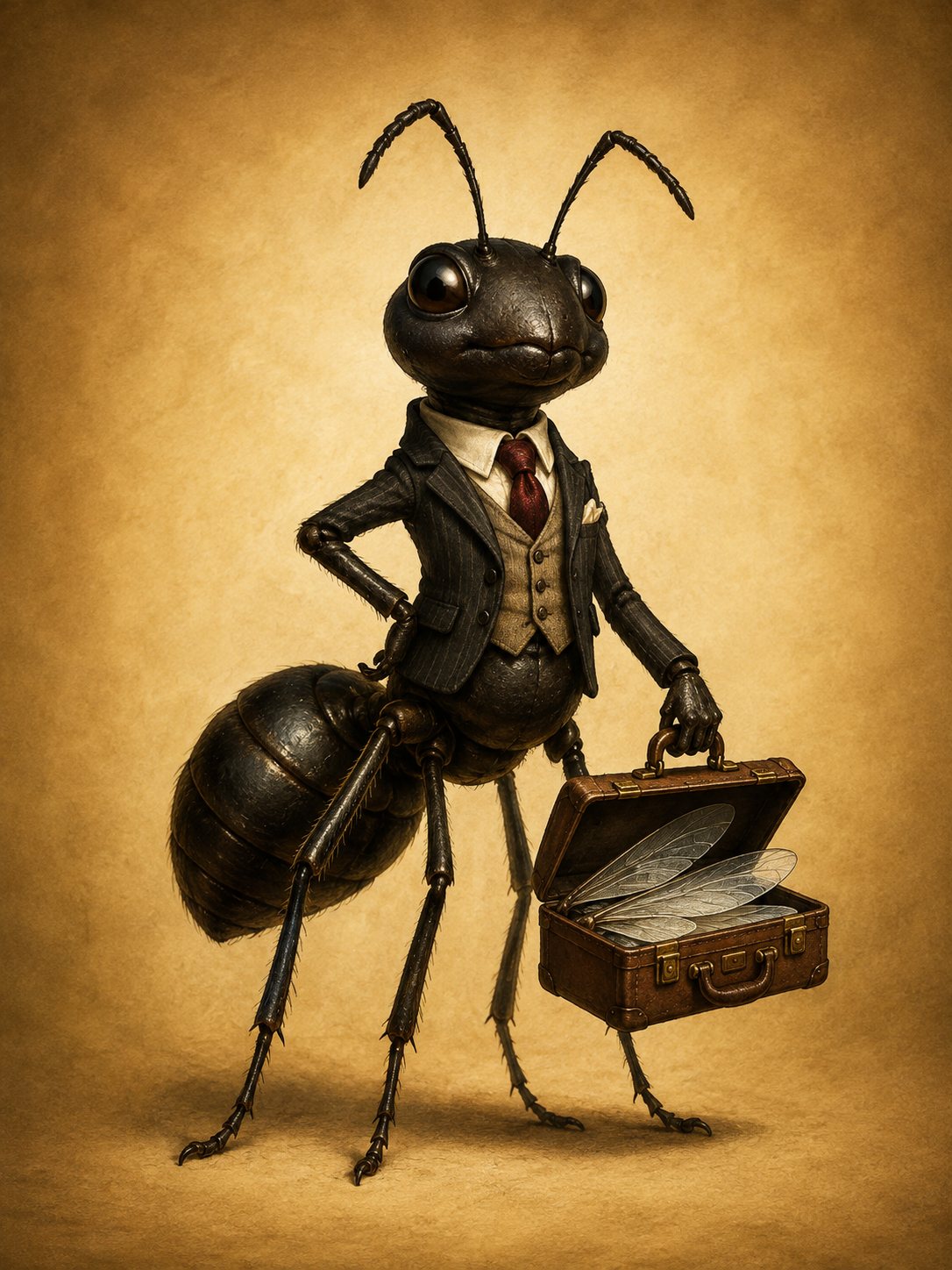 Portrait of Fred the Ant, a black ant standing confidently in a suit and tie while holding an open suitcase containing his wings.