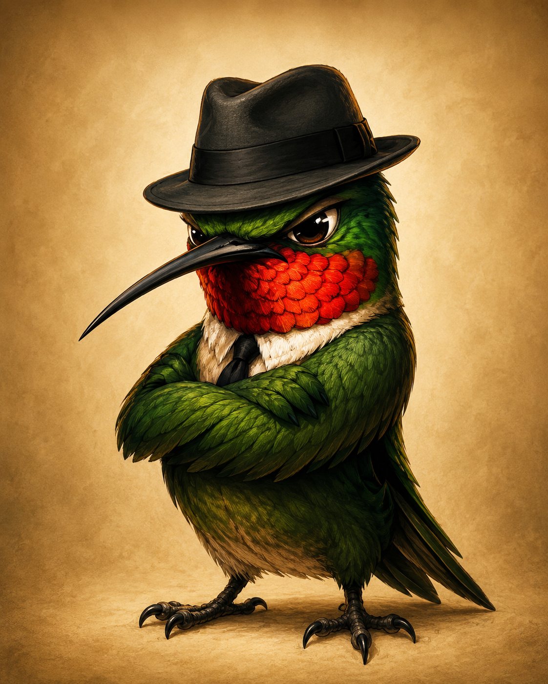 Stylized portrait of Vinnie Sugarbeak, a ruby-throated hummingbird with a bright red throat, green feathers, a tiny black fedora, and a stern expression, standing with an intimidating mob-boss attitude.
