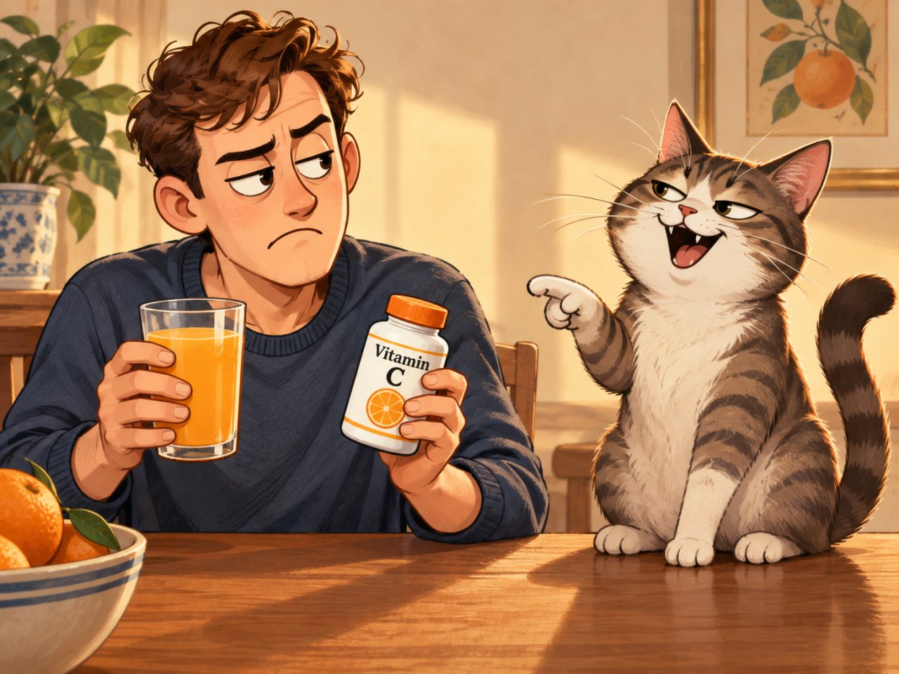 Humorous cartoon-style illustration of an annoyed man holding a glass of orange juice and a bottle of vitamin C supplements while a smug tabby cat sits beside him on the table, pointing and laughing.