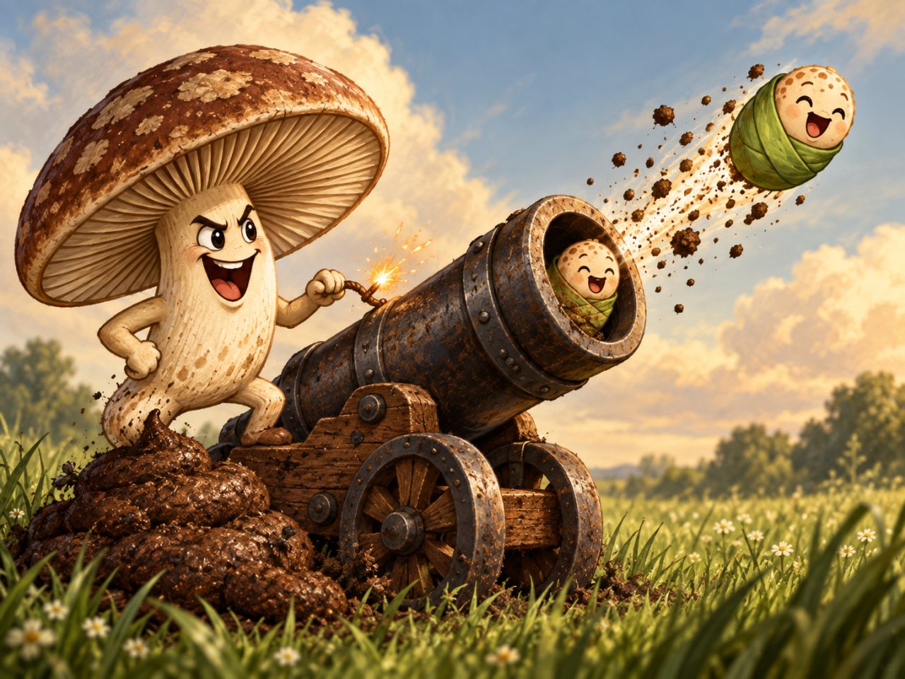 Cartoon-style illustration of a mushroom-like poop fungus standing beside a small poop pile and firing a cannon loaded with swaddled baby spores toward a patch of green grass.