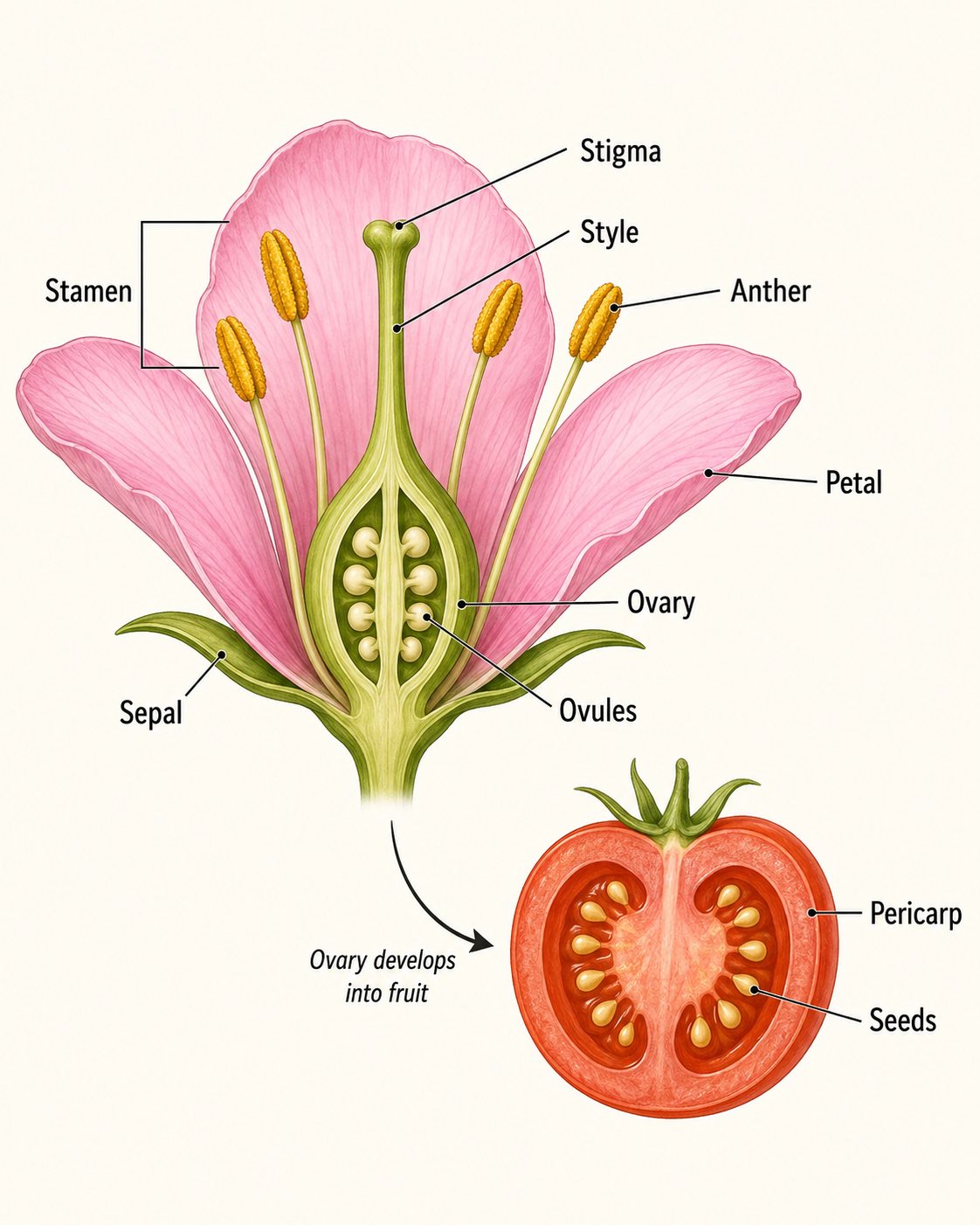 Labeled diagram of a flower cross-section showing the stamen, anther, stigma, style, ovary, ovules, petal, and sepal, alongside a cut-open tomato labeled pericarp and seeds, with an arrow indicating that the ovary develops into fruit.
