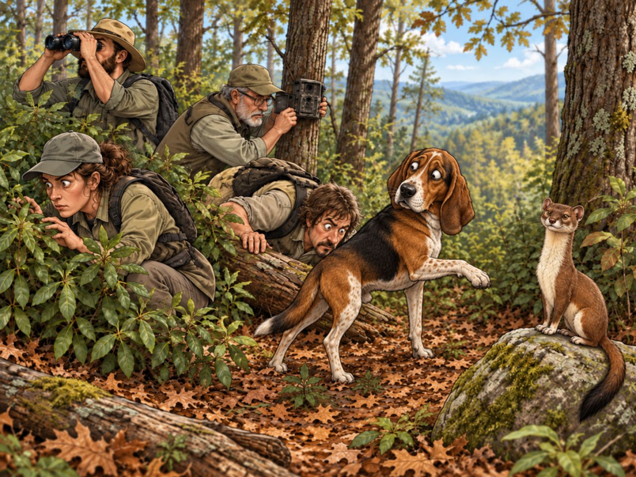 Humorous editorial illustration showing wildlife researchers searching through bushes, logs, and trail-camera locations while a detection dog points toward an obvious long-tailed weasel sitting nearby in plain sight.