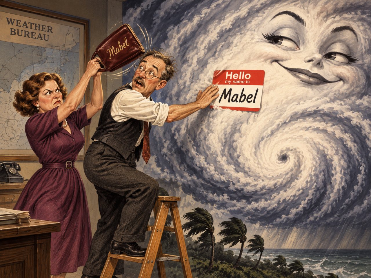 Humorous vintage-style illustration of an old-fashioned meteorologist standing on a step ladder and placing a “Hello, my name is Mabel” sticker onto a giant smug anthropomorphic hurricane, while an angry woman behind him hits him with a purse labeled “Mabel.”