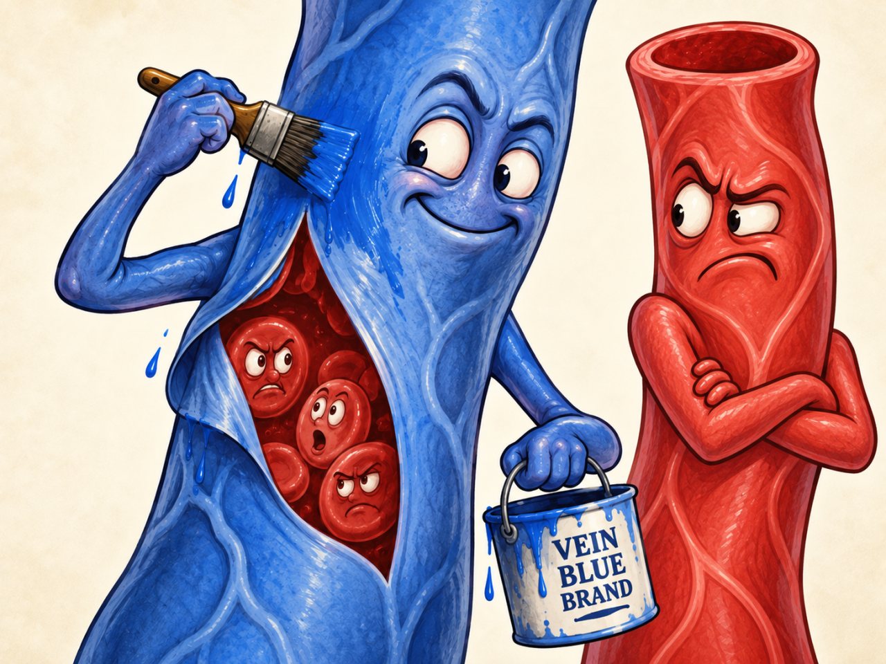 Humorous editorial-cartoon illustration of an anthropomorphic blue vein caught repainting itself blue from a can labeled “Vein Blue Brand,” while a red anthropomorphic artery stands beside it with crossed arms and an exasperated expression.