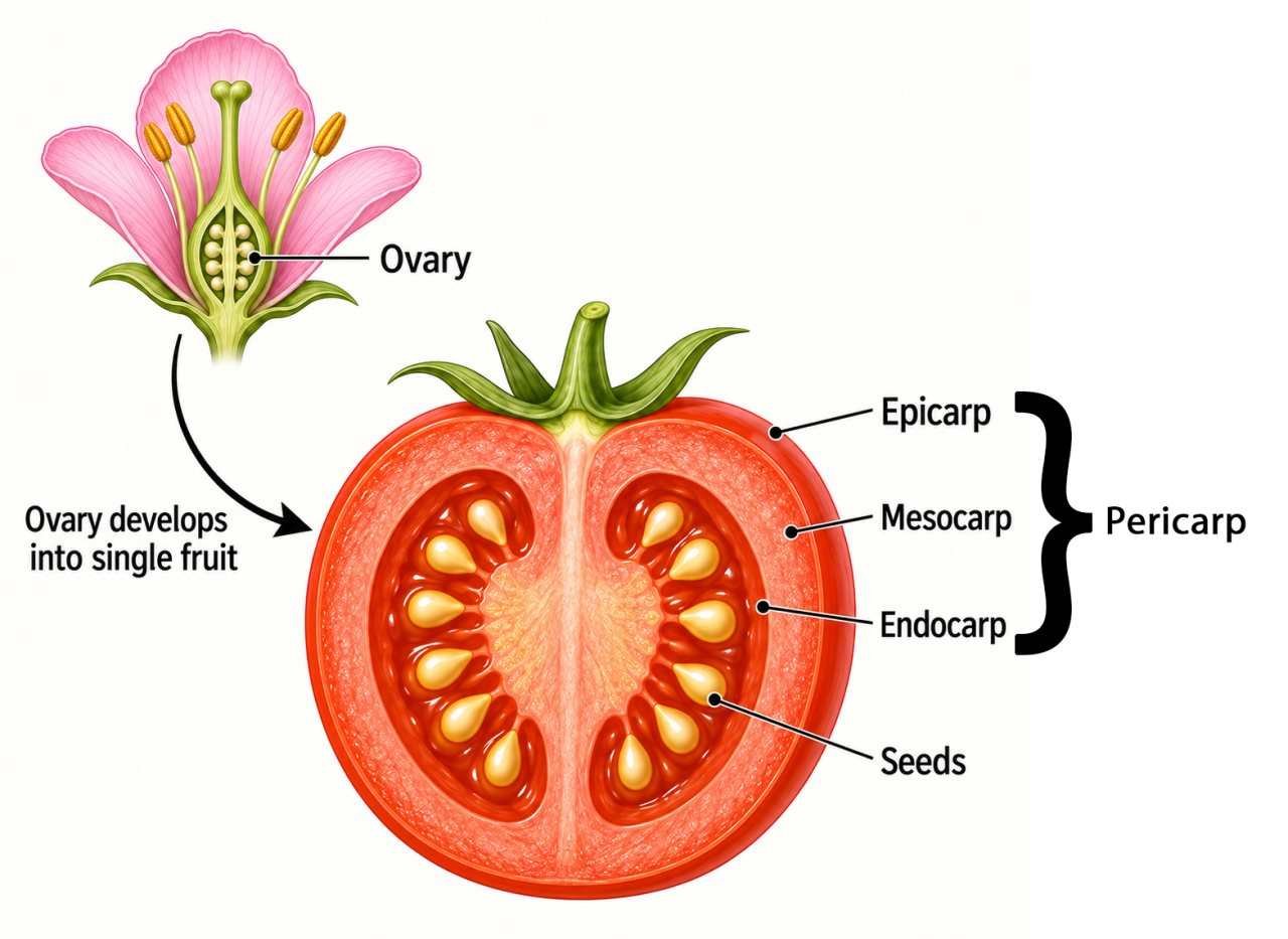 Diagram showing a flower ovary developing into a tomato. The tomato cross-section labels the epicarp, mesocarp, and endocarp as the three layers of the pericarp, along with the seeds.