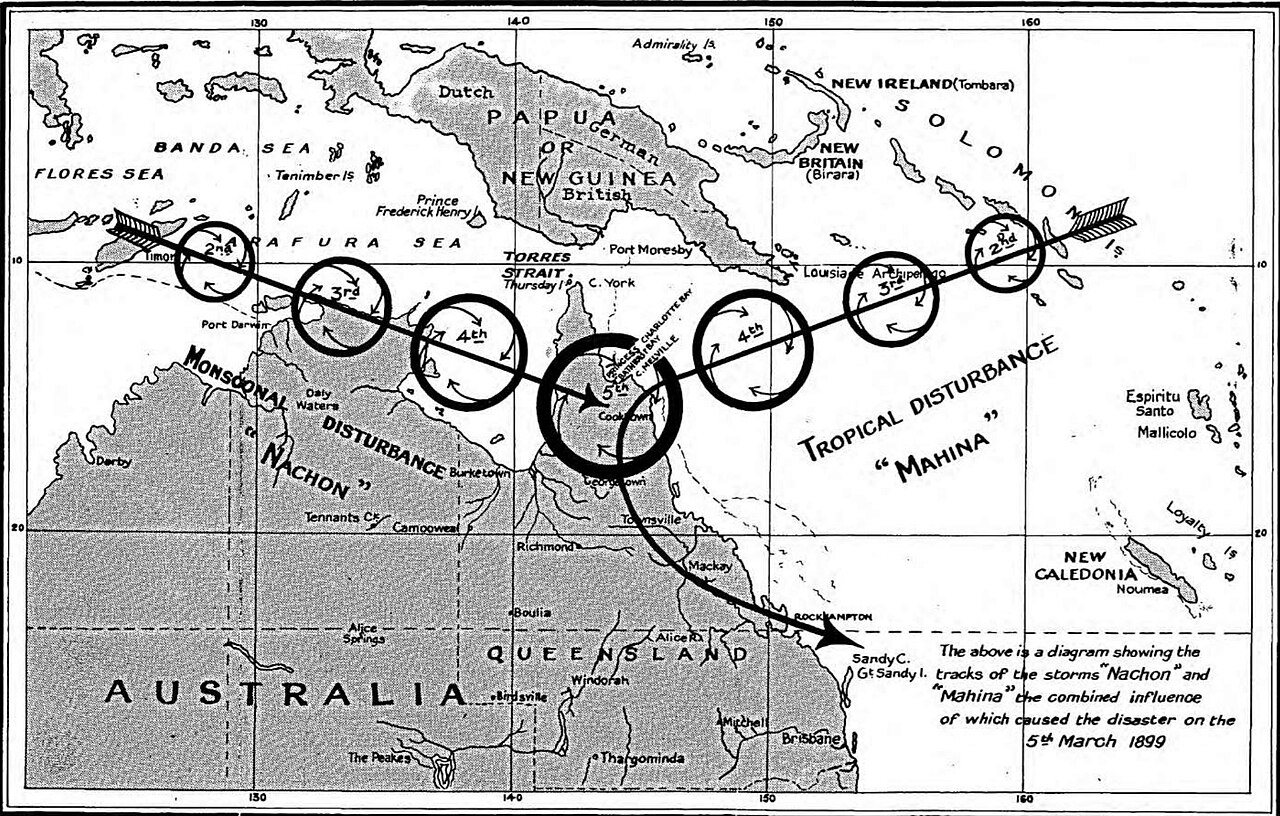 Historical 1899 map showing the track of Cyclone Mahina across the Coral Sea toward northern Queensland, Australia. The storm’s path is marked with dated positions and circular symbols.