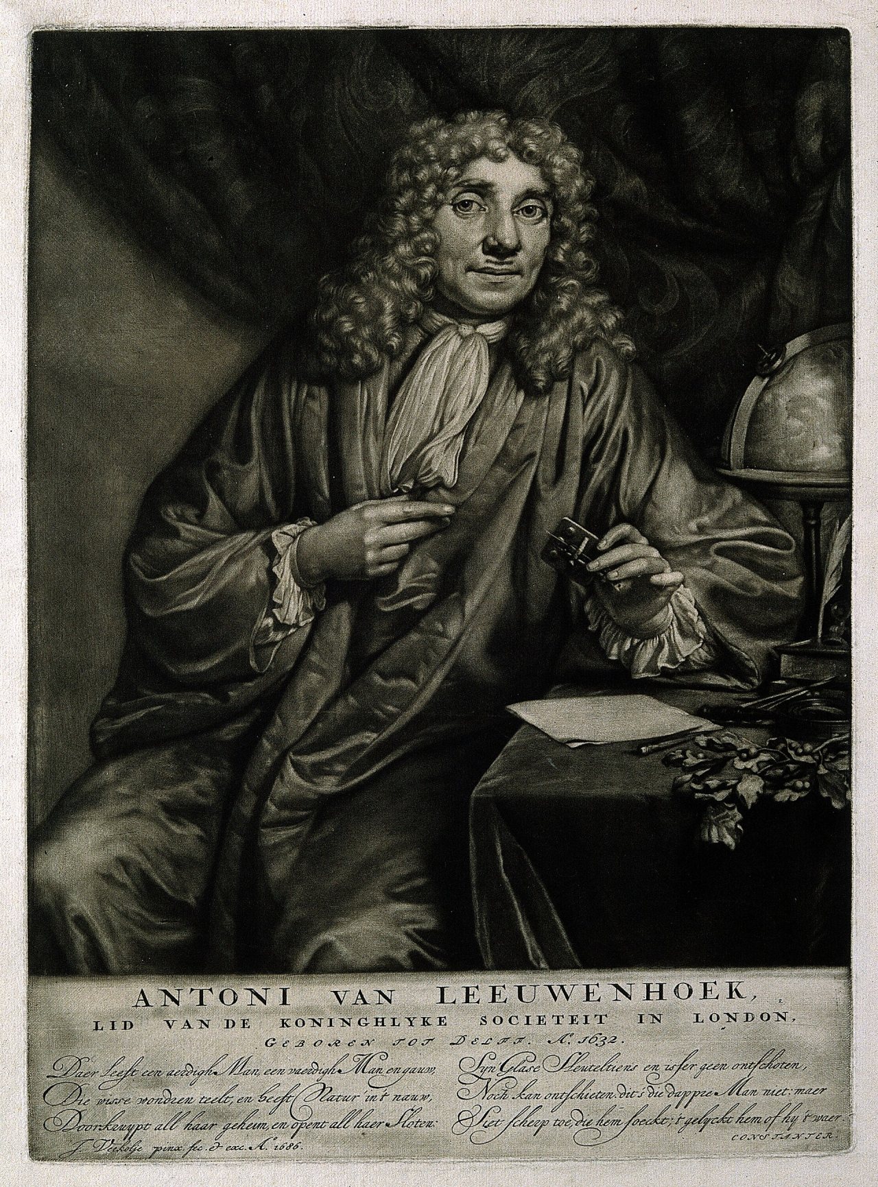 Mezzotint portrait of Antonie van Leeuwenhoek seated beside a table, holding one of his small single-lens microscopes in his right hand. He wears seventeenth-century clothing and is shown beside scientific materials and a globe.