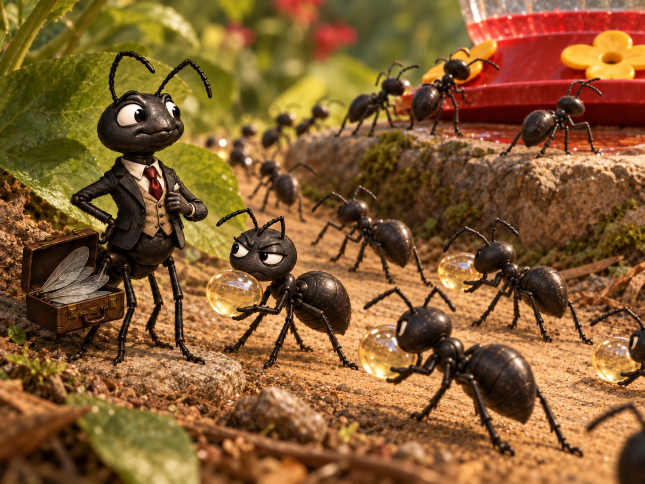 Fred the Ant stands beside an open suitcase full of wings while female worker ants travel along a two-way trail between a hummingbird feeder and the nest, with returning ants carrying droplets of sugar water and one worker glaring at him.