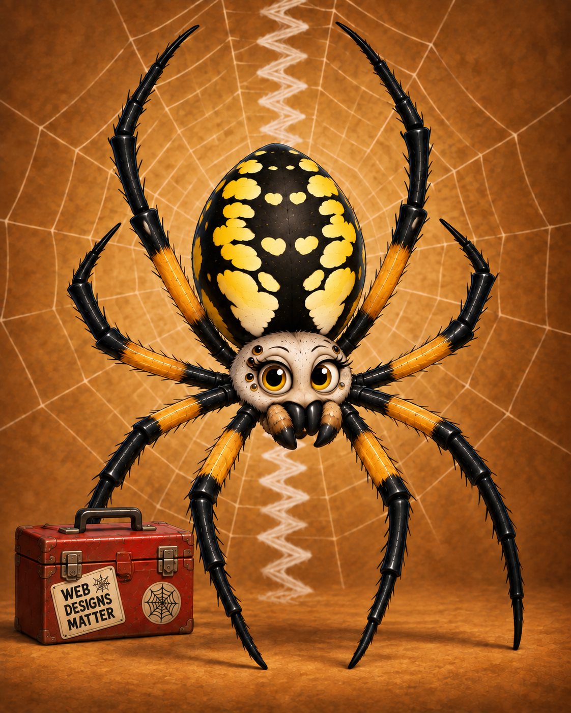 Stylized portrait of Sylvie, a yellow garden spider, standing in front of an orb web with a white zigzag stabilimentum and a red toolbox beside her.