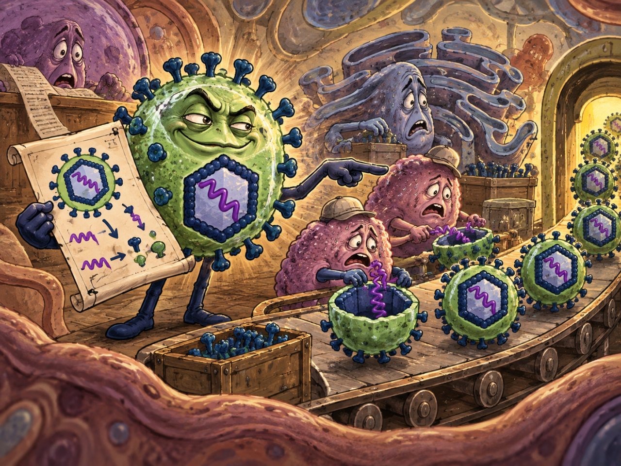 Humorous illustration of a bossy anthropomorphic virus inside a cell, holding a blueprint and directing frightened cell machinery and organelle-like workers to assemble new viruses on a factory conveyor belt.