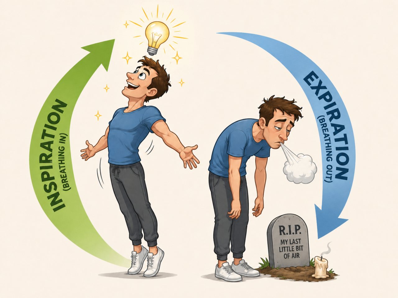 Humorous illustration of a man shown in a breathing cycle, with one figure rising on tiptoes while inhaling under a glowing lightbulb and another figure slumping while exhaling beside a gravestone, with curved arrows labeled inspiration and expiration.