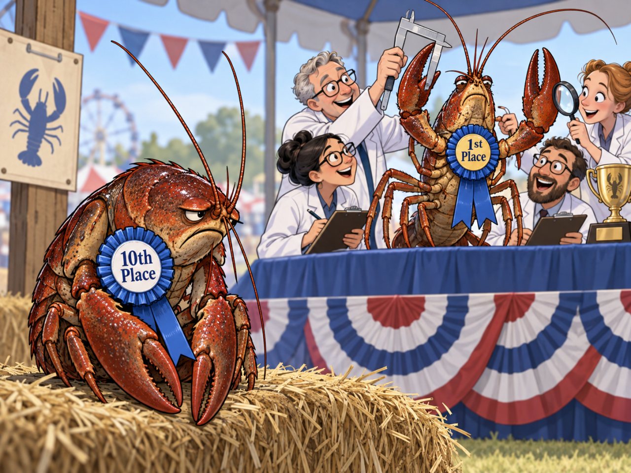A dejected crayfish wearing a blue “10th Place” ribbon sits sulking on a hay bale in the foreground while, in the background, scientists excitedly examine and measure a larger crayfish wearing a blue “1st Place” ribbon.