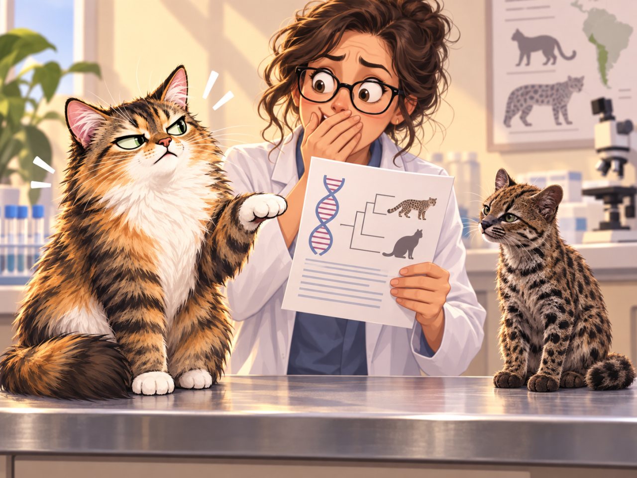 Stylized illustration of Millie, an indignant fluffy calico-tabby cat, sitting on an exam table beside a startled scientist holding a DNA report, while a small spotted Leopardus tilcayo sits on the other side.