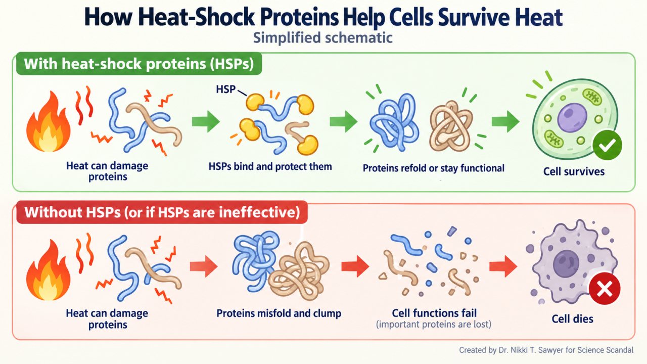 Infographic comparing what happens to proteins during heat stress with and without heat-shock proteins. The top panel shows heat-shock proteins protecting damaged proteins so they refold and the cell survives. The bottom panel shows proteins misfolding and clumping without effective heat-shock proteins, leading to cell failure and death.