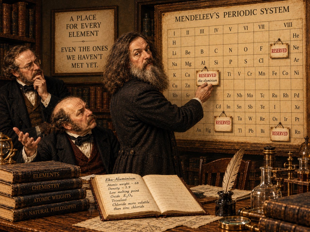 Humorous vintage-style illustration of Dmitri Mendeleev hanging a “RESERVED: eka-aluminium” sign over an empty space in a periodic system while two skeptical chemists look on. Three additional empty spaces are marked “RESERVED.”