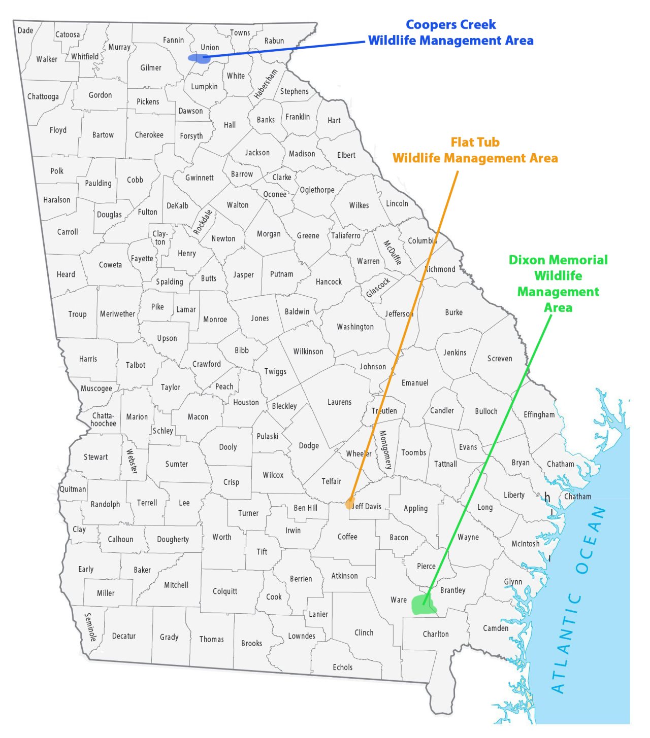 County map of Georgia showing the approximate locations of Coopers Creek Wildlife Management Area in north Georgia, Flat Tub Wildlife Management Area in south-central Georgia, and Dixon Memorial Wildlife Management Area in southeast Georgia.