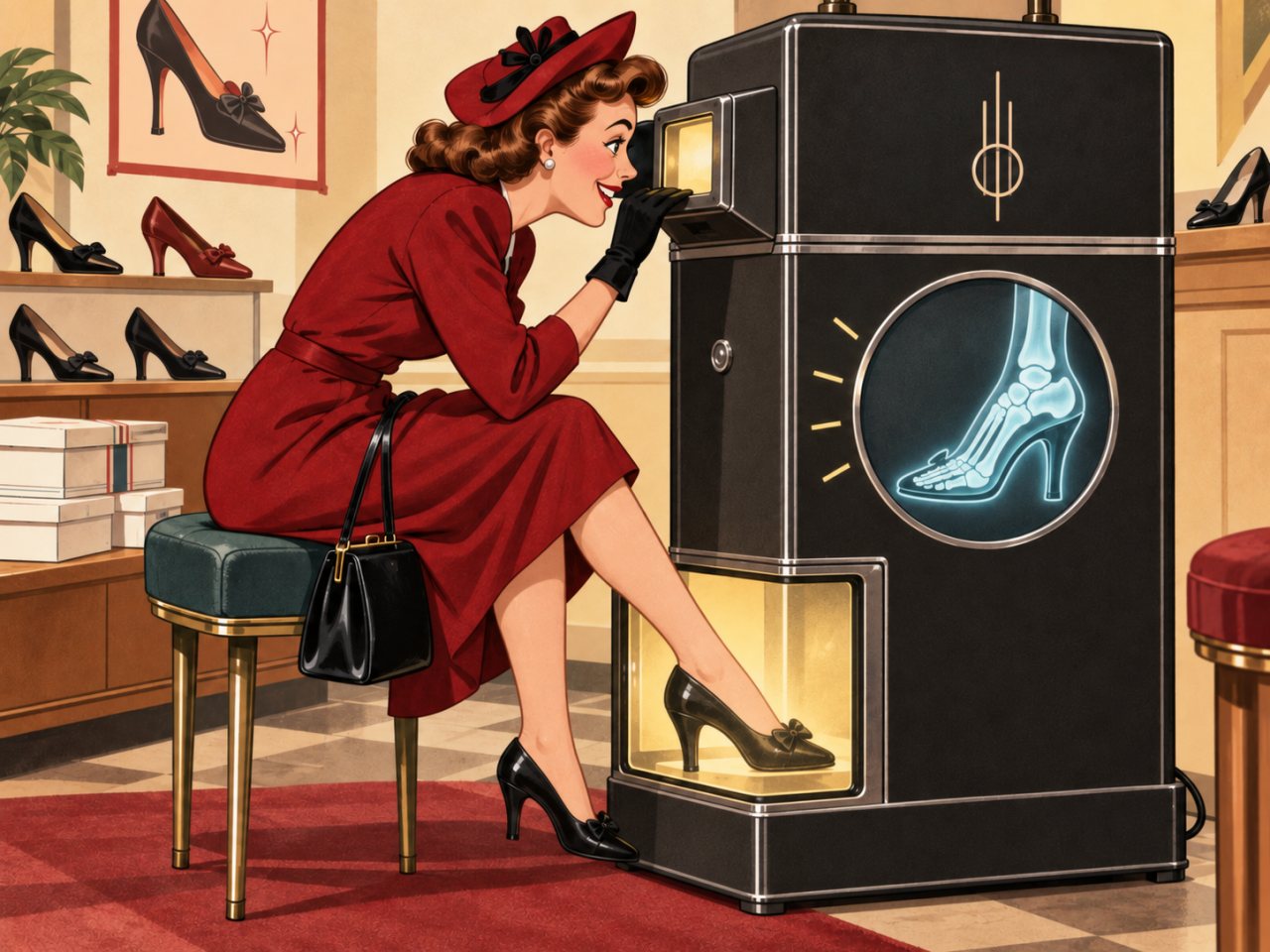 Cartoon-style illustration of a vintage shoe store scene showing a stylish adult woman in 1940s clothing peering into a shoe-fitting fluoroscope while the machine displays an X-ray view of the bones in her foot inside a high-heeled shoe.