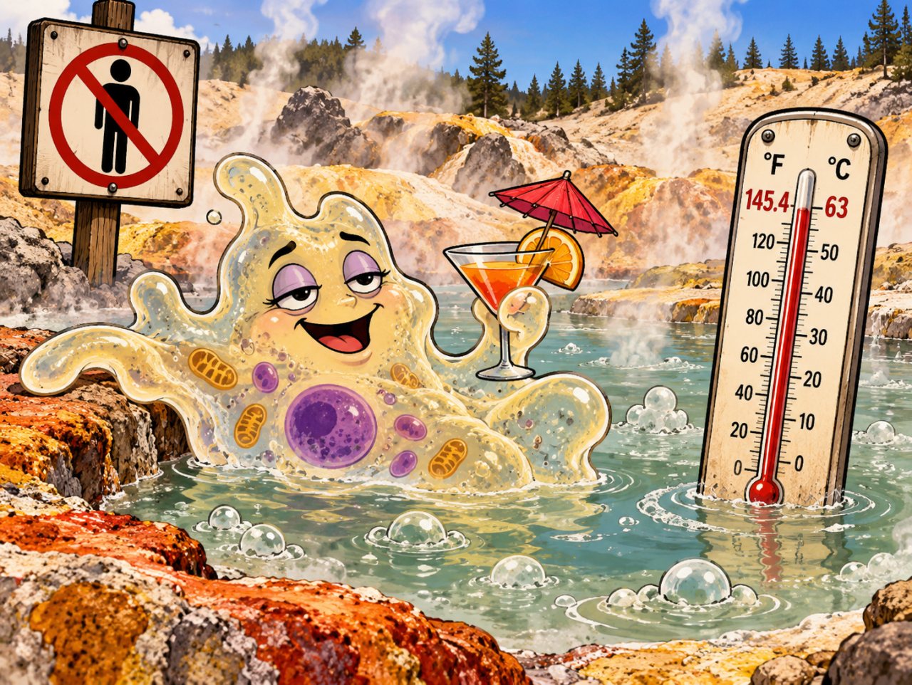 Cartoon editorial illustration of a smiling amoeba relaxing in a steaming geothermal hot spring while holding a cocktail. A dual-scale thermometer in the water reads 145.4°F and 63°C, and a nearby sign shows that humans are not allowed.