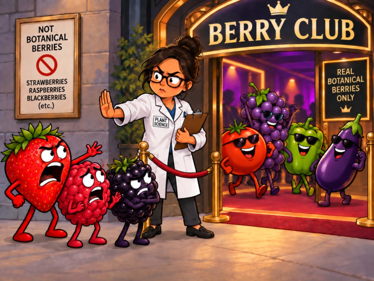 Cartoon illustration of a stern plant scientist acting as a bouncer outside a “Berry Club,” blocking a strawberry, raspberry, and blackberry from entering while welcoming a tomato, grapes, a pepper, and an eggplant inside.