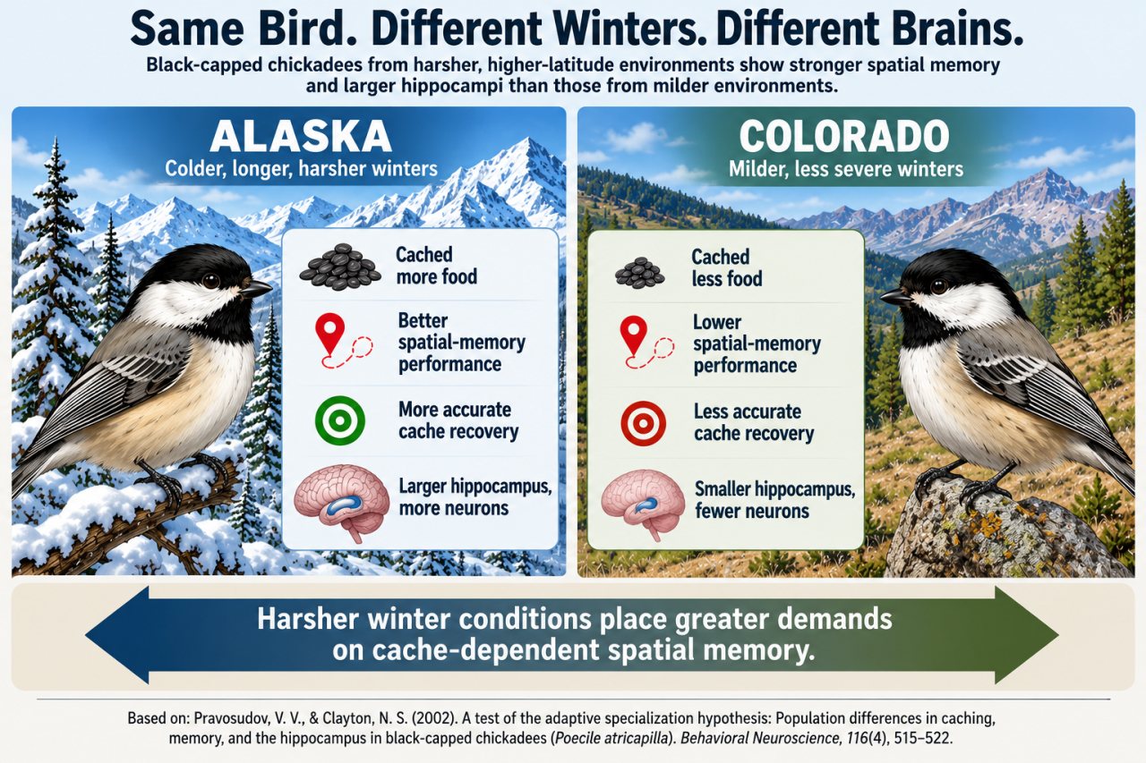 Infographic comparing black-capped chickadees from Alaska and Colorado. Alaska birds from harsher winters cached more food, performed better on spatial-memory tasks, recovered caches more accurately, and had larger hippocampi with more neurons than Colorado birds from milder winters.