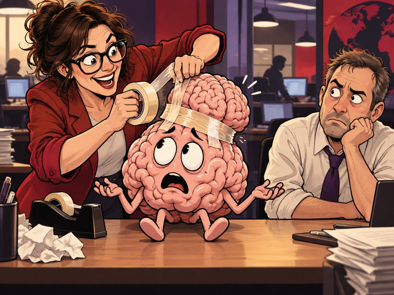 Humorous editorial-cartoon illustration set in a newsroom. An excited female editor is taping a second brain onto the top of a worried anthropomorphic brain sitting on a desk, while a skeptical male colleague watches from the side. The scene visually satirizes media exaggeration of a neuroscience study.