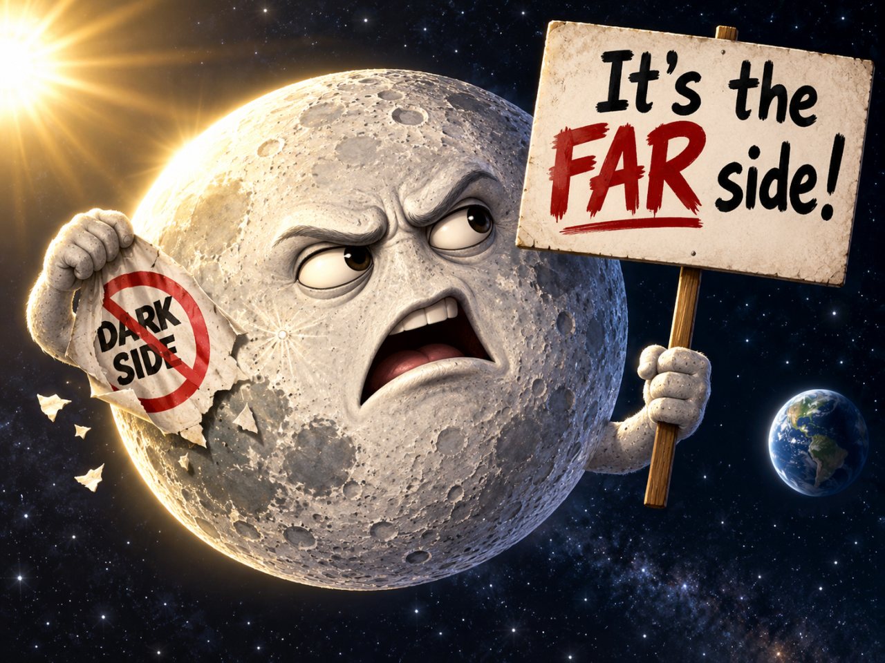 Humorous illustration of an angry anthropomorphic Moon protesting in space. The Moon holds a sign reading “It’s the FAR side!” while tearing away a crossed-out “Dark Side” label. The Sun shines brightly from the left, and Earth appears in the background on the right.