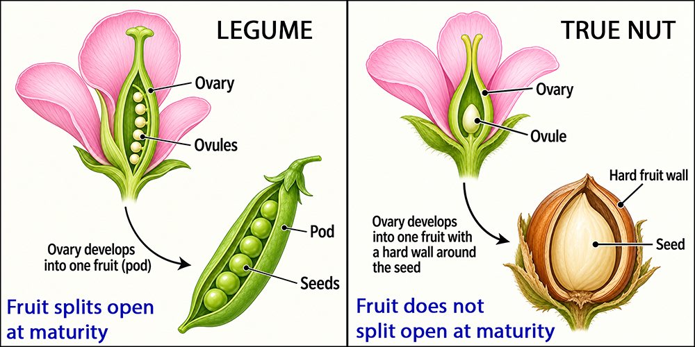 Two-panel diagram comparing a legume with a true botanical nut. The legume panel shows multiple ovules in one ovary developing into a pod containing several seeds that splits open at maturity. The true nut panel shows one ovule developing into a single seed enclosed by a hard fruit wall that does not split open at maturity.