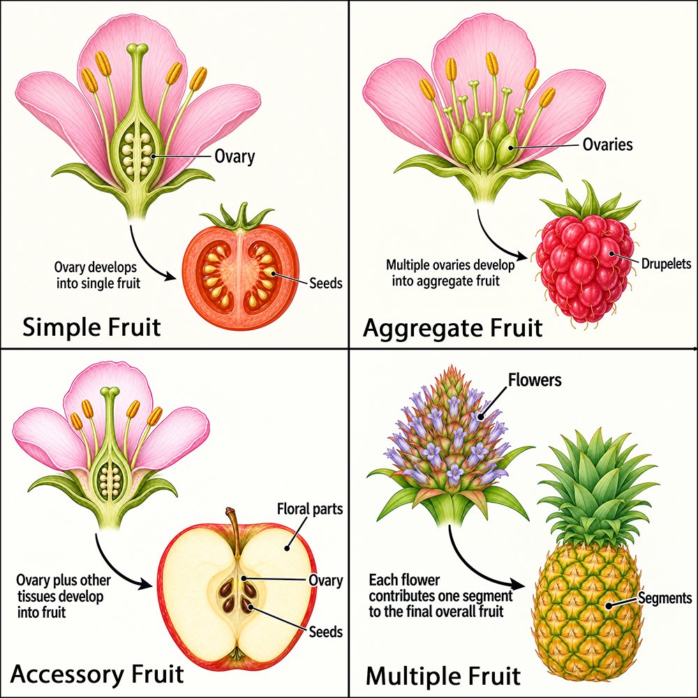 Four-panel diagram comparing major fruit types. A tomato illustrates a simple fruit developing from one ovary; a raspberry shows an aggregate fruit developing from multiple ovaries in one flower; an apple shows an accessory fruit formed from the ovary plus other floral tissues; and a pineapple shows a multiple fruit formed from many flowers.