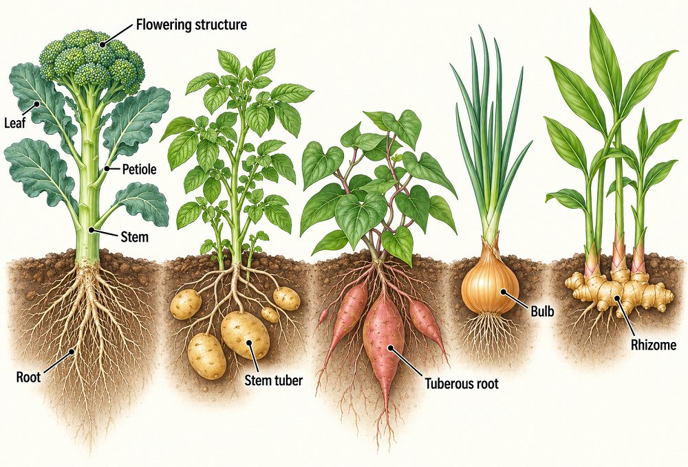 Diagram comparing edible plant structures: broccoli labeled with flowering structure, leaf, petiole, stem, and root; potato with stem tubers; sweet potato with tuberous roots; onion with a bulb; and ginger with a rhizome.