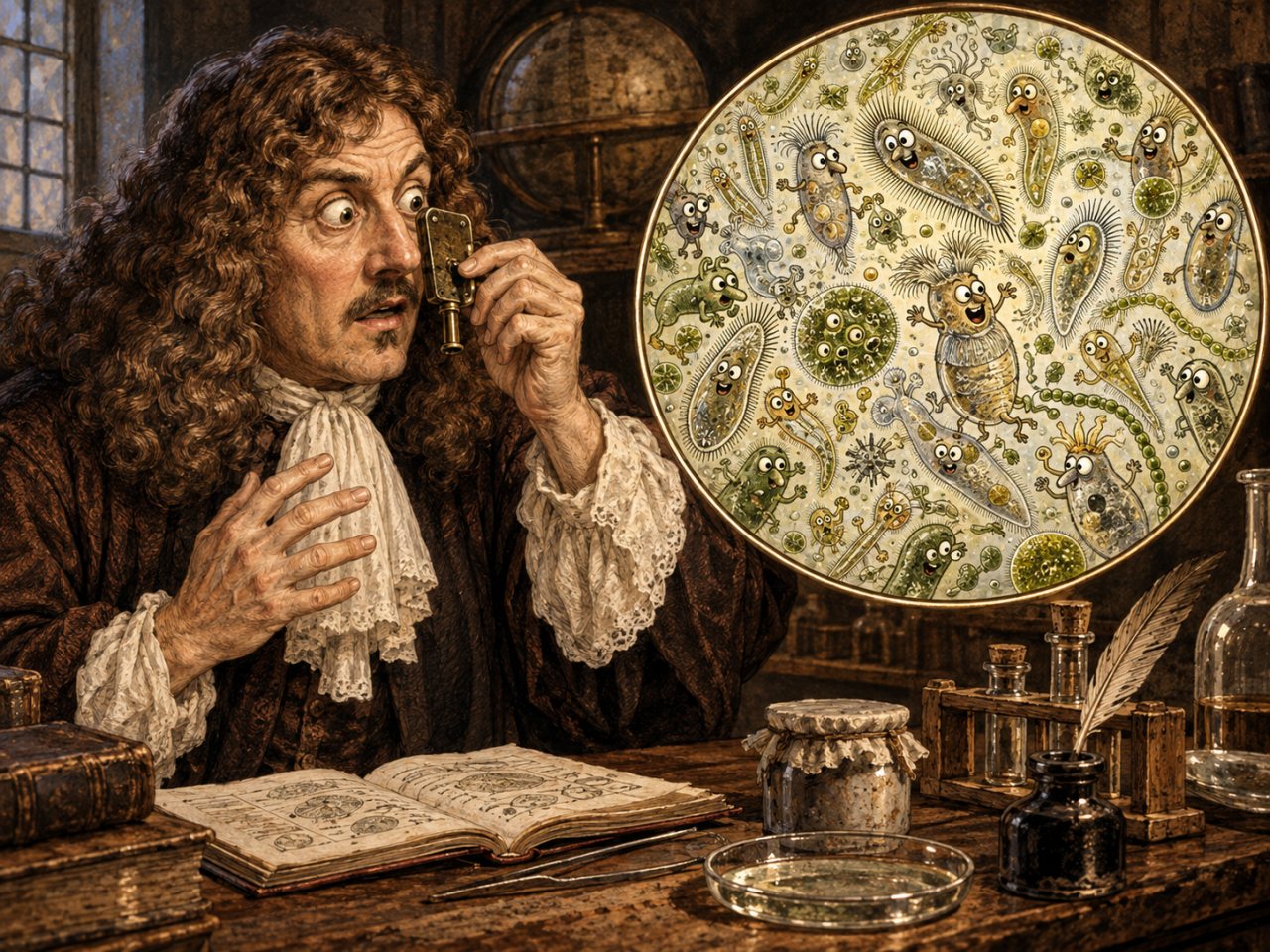 Humorous vintage-style illustration of Antonie van Leeuwenhoek peering through a small single-lens microscope with a shocked expression. Beside him, a large circular microscope field of view reveals a crowded assortment of whimsical microscopic organisms with expressive faces.