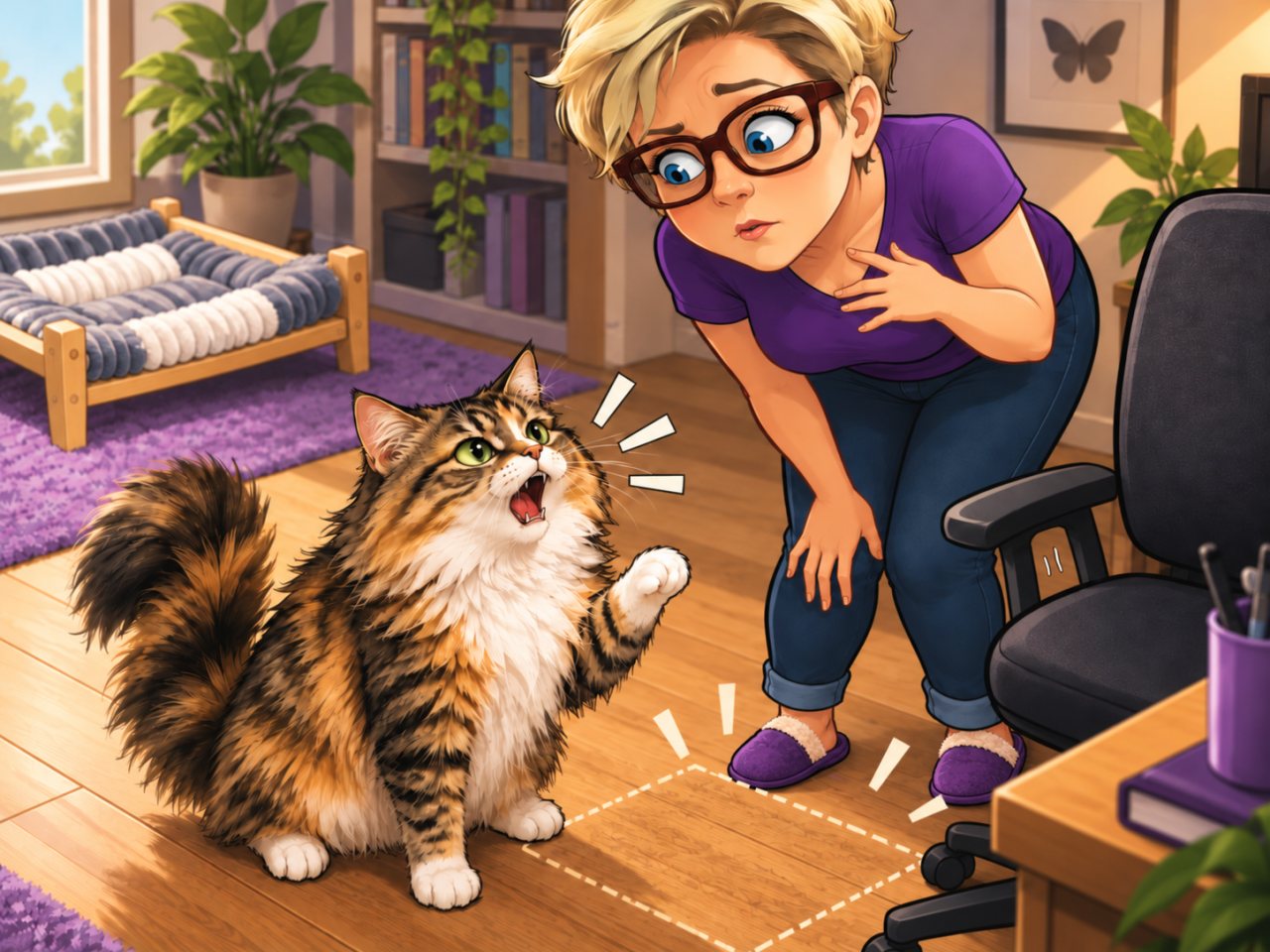 Humorous editorial illustration of Millie meowing in protest beside Momma’s office chair while Momma looks down at her; the hammock has been moved, and a dashed outline marks its former location on the floor.