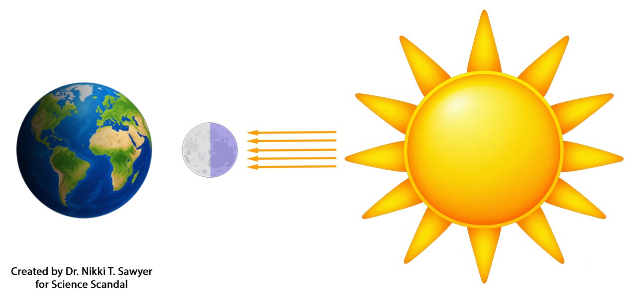 Diagram showing the Sun illuminating the Moon’s far side. Earth is on the left, the Moon is between Earth and the Sun, and arrows indicate sunlight traveling from the Sun toward the Moon. The Moon’s purple hemisphere faces away from Earth and toward the Sun, demonstrating that the far side can be fully illuminated.