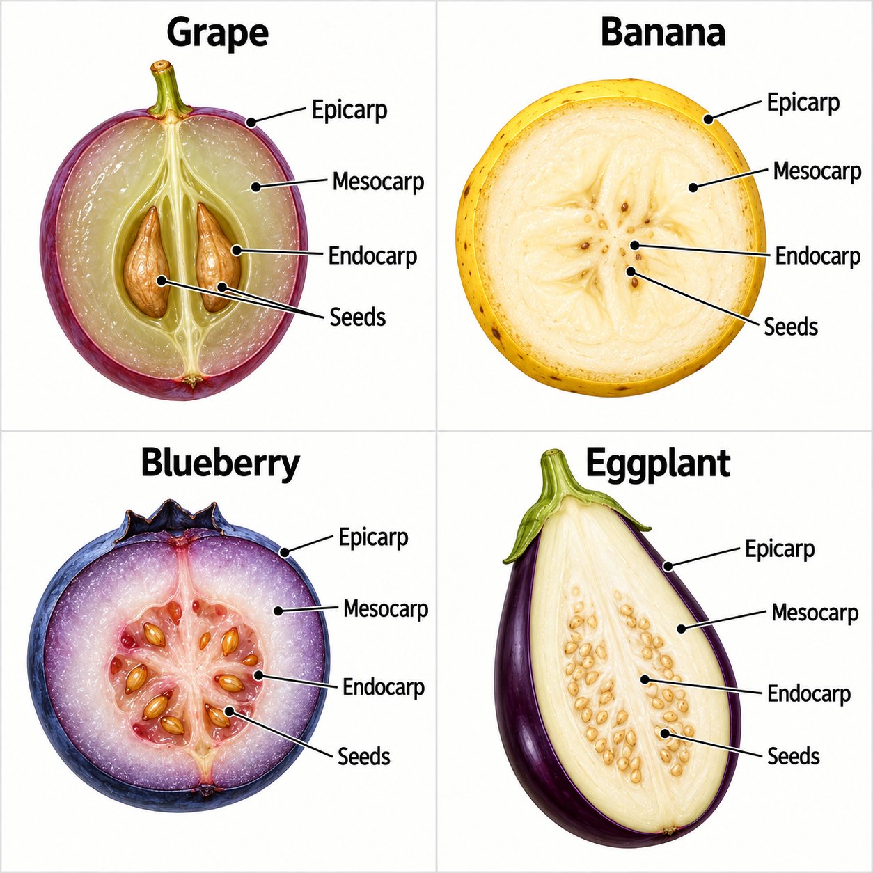 Four-panel diagram showing labeled cross-sections of four botanical berries: grape, banana, blueberry, and eggplant. Each panel identifies the epicarp, mesocarp, endocarp, and seeds.