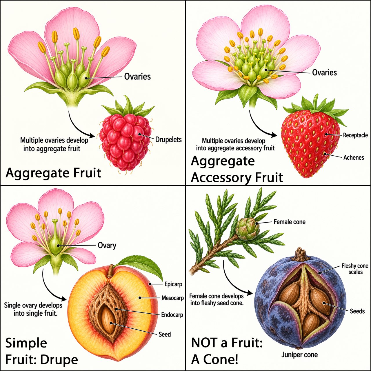 Four-panel diagram comparing fruits commonly mistaken for botanical berries. A raspberry is shown as an aggregate fruit formed from multiple ovaries and composed of drupelets; a strawberry is shown as an aggregate accessory fruit with a fleshy receptacle and achenes; a peach is shown as a simple fruit called a drupe, with the endocarp forming the hard stone around the seed; and a juniper “berry” is shown as a fleshy seed cone rather than a fruit.