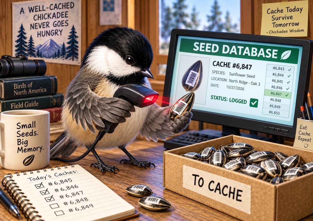 Humorous illustration of a black-capped chickadee using a barcode scanner to catalog sunflower seeds in a computer labeled “Seed Database,” with thousands of numbered caches tracked on screen and a box of barcoded seeds labeled “To Cache.”