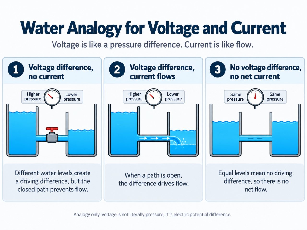 Three-panel infographic using a water analogy to compare voltage and current. The first panel shows different water levels with a closed valve, representing voltage difference without current. The second shows different water levels with an open path and flowing water, representing voltage difference driving current. The third shows equal water levels connected by an open path, representing no voltage difference and no net current.