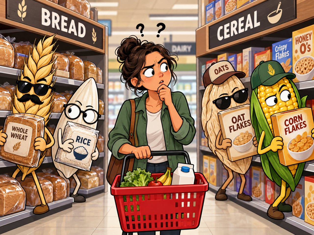 A humorous cartoon of a grocery store bread and cereal aisle shows disguised grain characters, including wheat, oats, corn, and rice, trying to blend in while a confused shopper looks on.